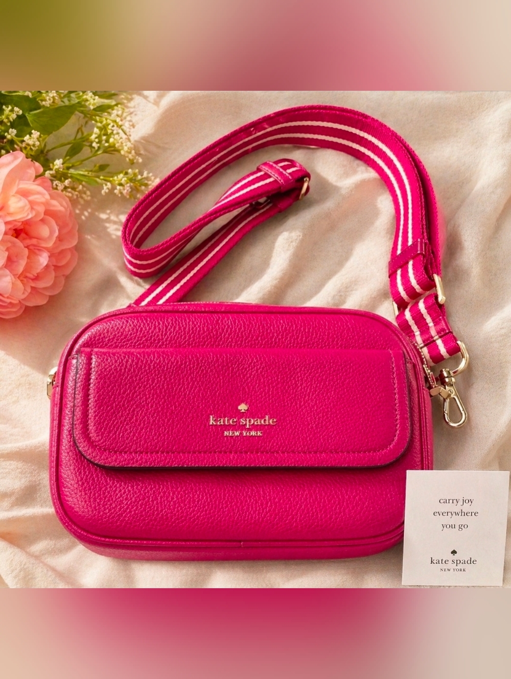 kate spade Bright Pink Pebbled Leather Crossbody with Striped Strap USED